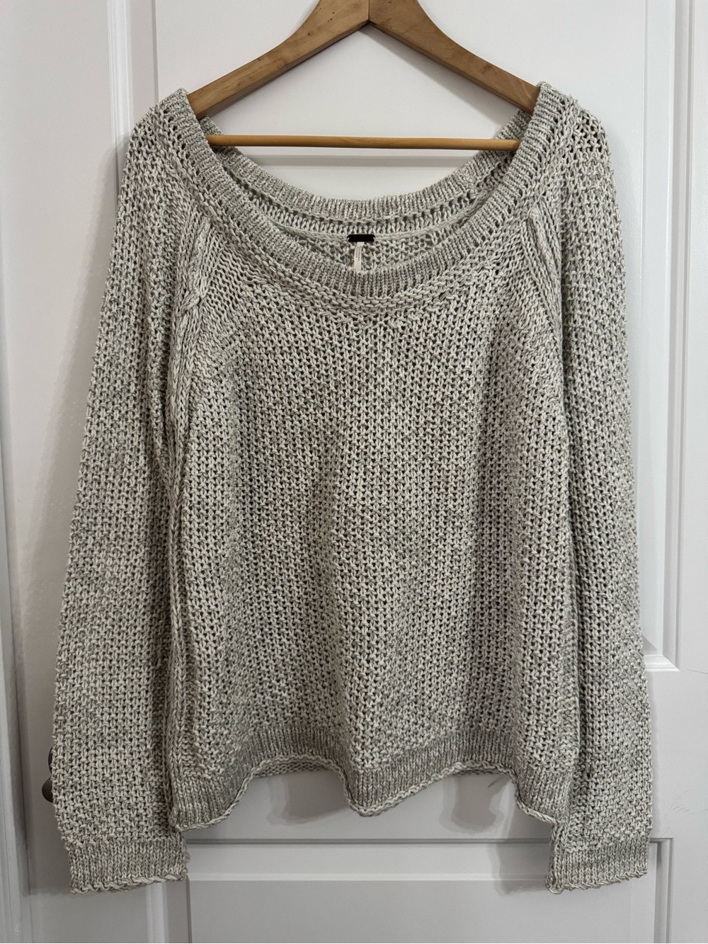 Free People Open Knit Scoop Neck Raglan Sleeves Sweater, grey beige, large